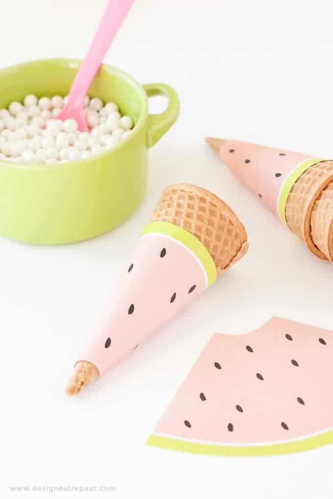 Free Printable Watermelon Icecream Cone Wrappers - Perfect for summer or fruit-themed parties! Download at Design Eat Repeat