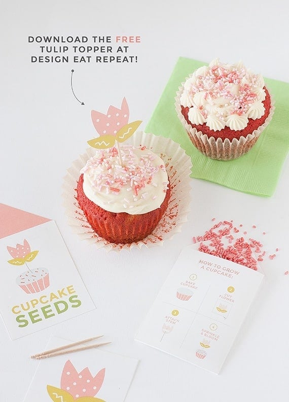 Learn "How to Grow A Cupcake" with these free springtime printables by Design Eat Repeat! Includes the instructions on how to create these "Cupcake Seed" packets, that include a tulip topper and sprinkles! Fun idea for a party activity or party favor!