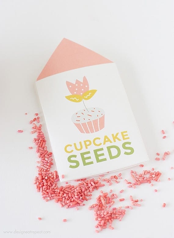 Learn "How to Grow A Cupcake" with these free springtime printables by Design Eat Repeat! Includes the instructions on how to create these "Cupcake Seed" packets, that include a tulip topper & sprinkles! Great for a party activity or party favor!