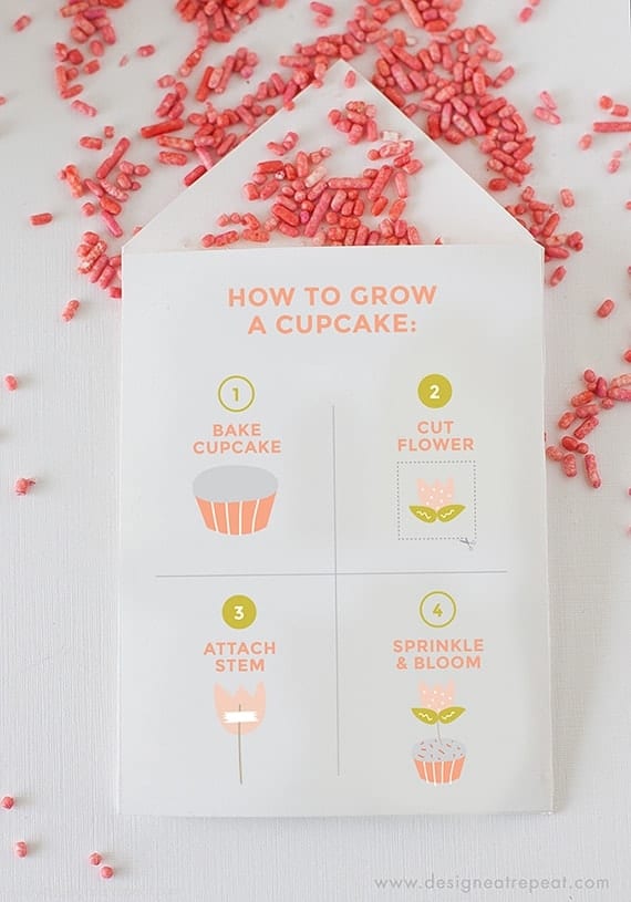 Learn "How to Grow A Cupcake" with these free springtime printables by Design Eat Repeat! Includes the instructions on how to create these "Cupcake Seed" packets, that include a tulip topper & sprinkles! Perfect for a party activity or party favor!