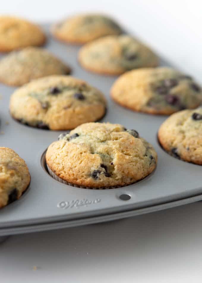 pan of sour cream blueberry muffins