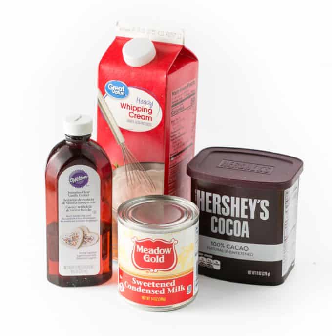 Ingredient for chocolate no-churn ice cream. Heavy Whipping Cream, Sweetened Condensed Milk, Vanilla, Hersheys Chocolate