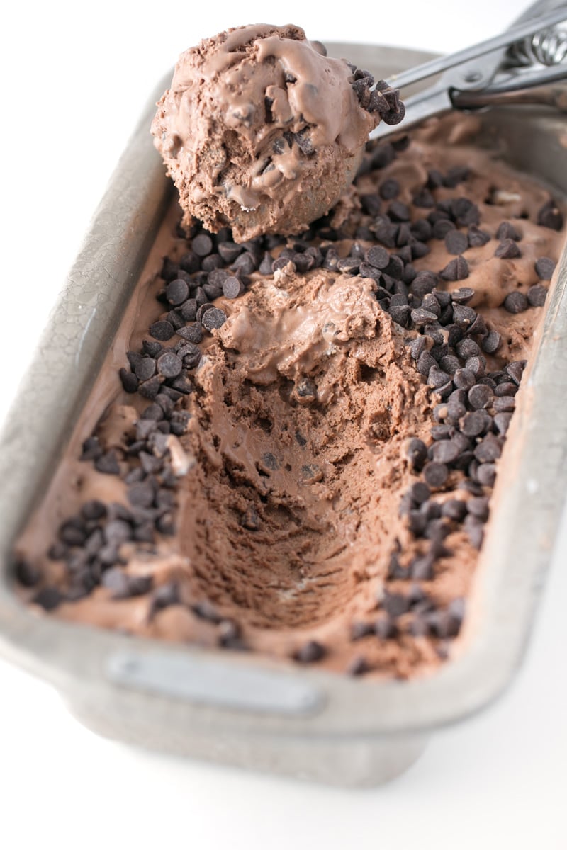 Scoop of chocolate no-churn ice cream with mini chocolate chips