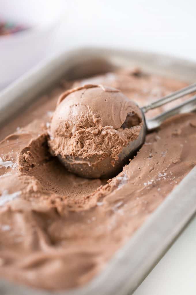 Ice cream scoop scooping chocolate no-churn ice cream