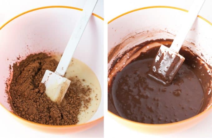 Stirring cocoa powder with sweetened condensed milk for chocolate no-churn ice cream