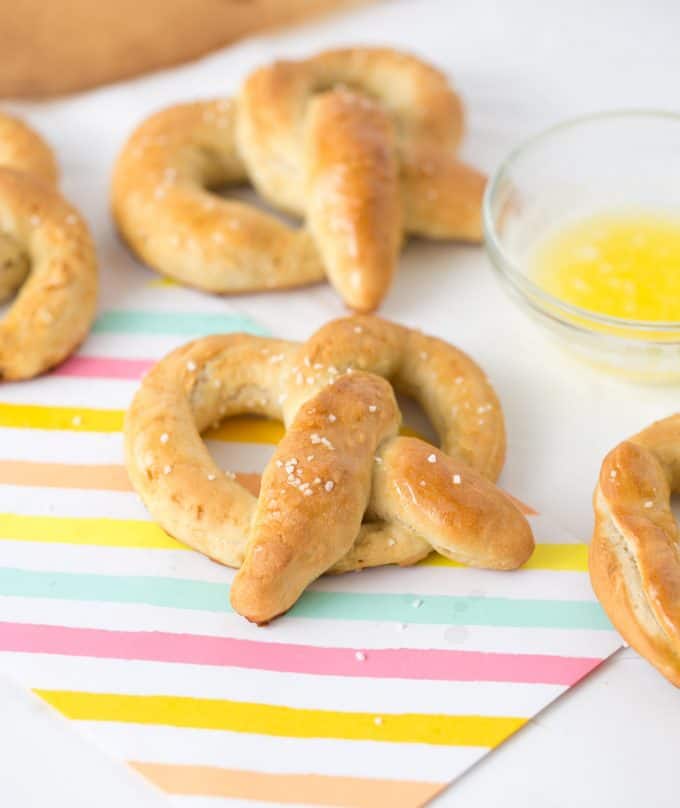 Homemade soft pretzels with butter
