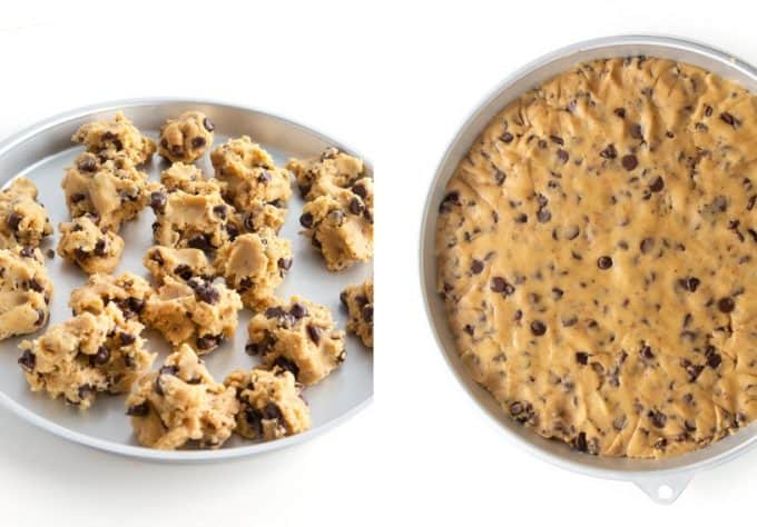 spreading chocolate chip cookie dough in pan