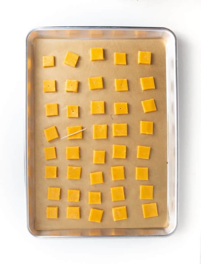 Tray of cheddar cheese crackers unbaked