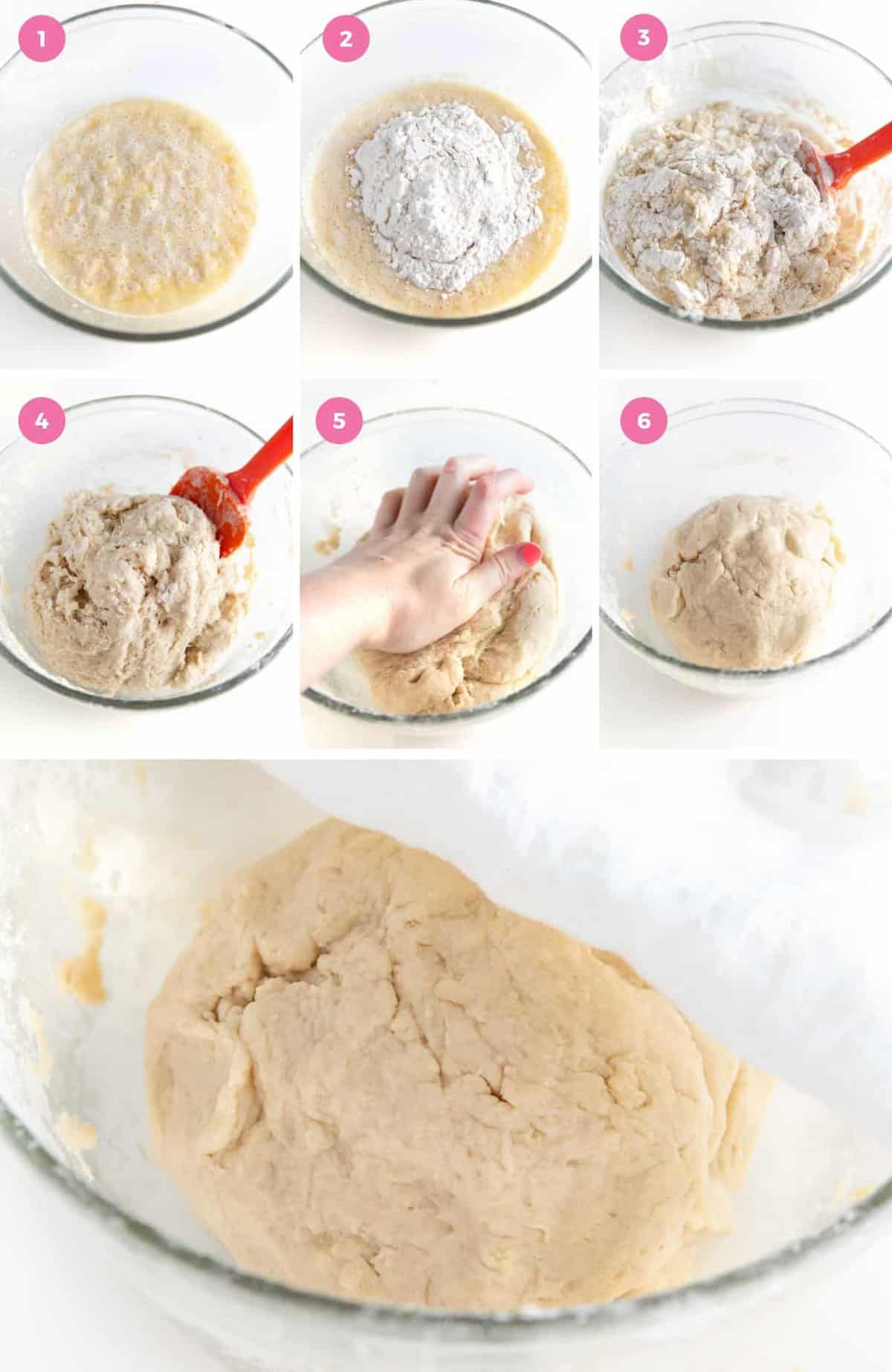 Step by step collage of how to make cinnamon roll dough