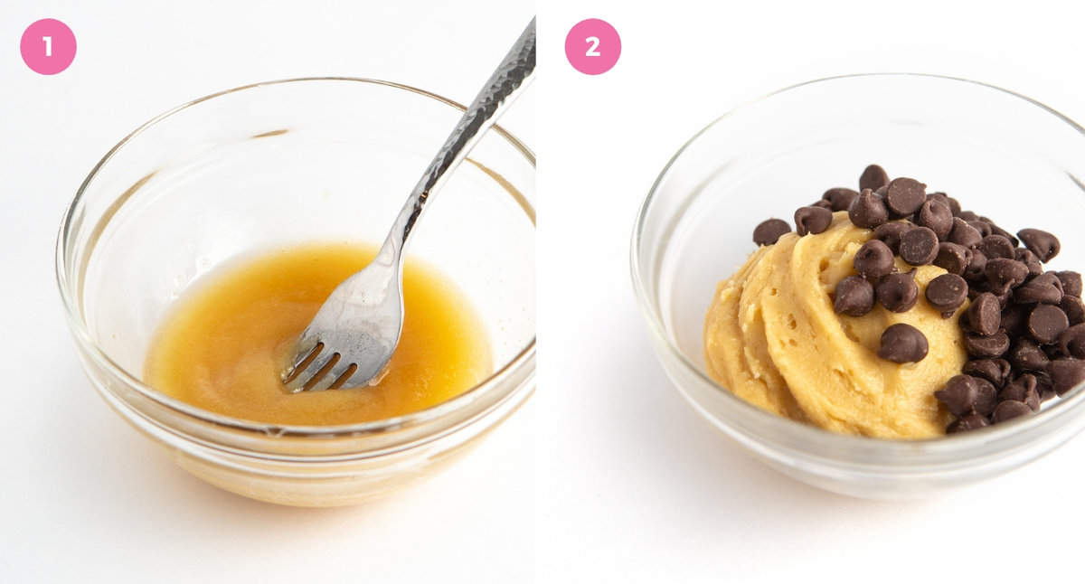 Mixing Chocolate Chip Cookies for Two in Small Glass Bowls