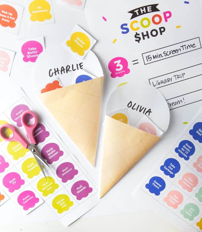 Printable ice cream shaped chore chard with colorful ice cream scoops as the chore tokens