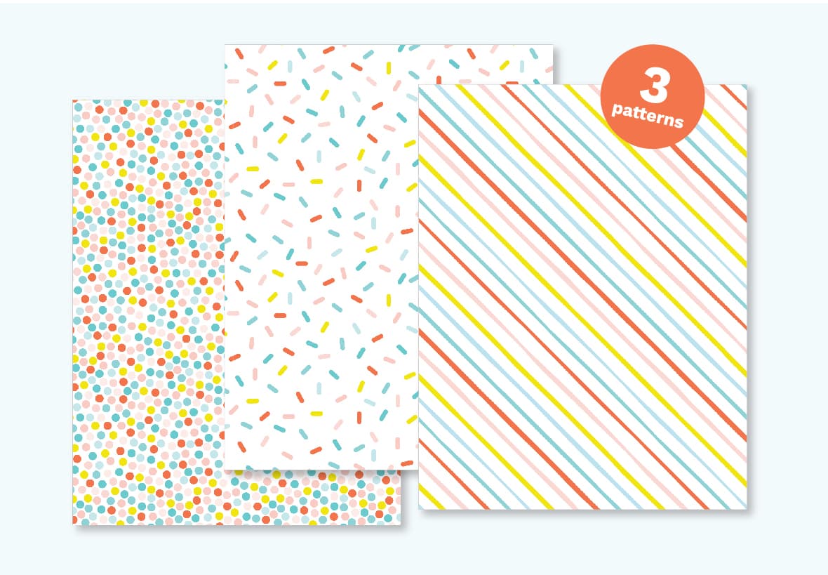 Free printable birthday wrapping paper gift box with blue yay tag and pink pom pom. Patterns include rainbow polka dot, rainbow sprinkle, and rainbow stripe.