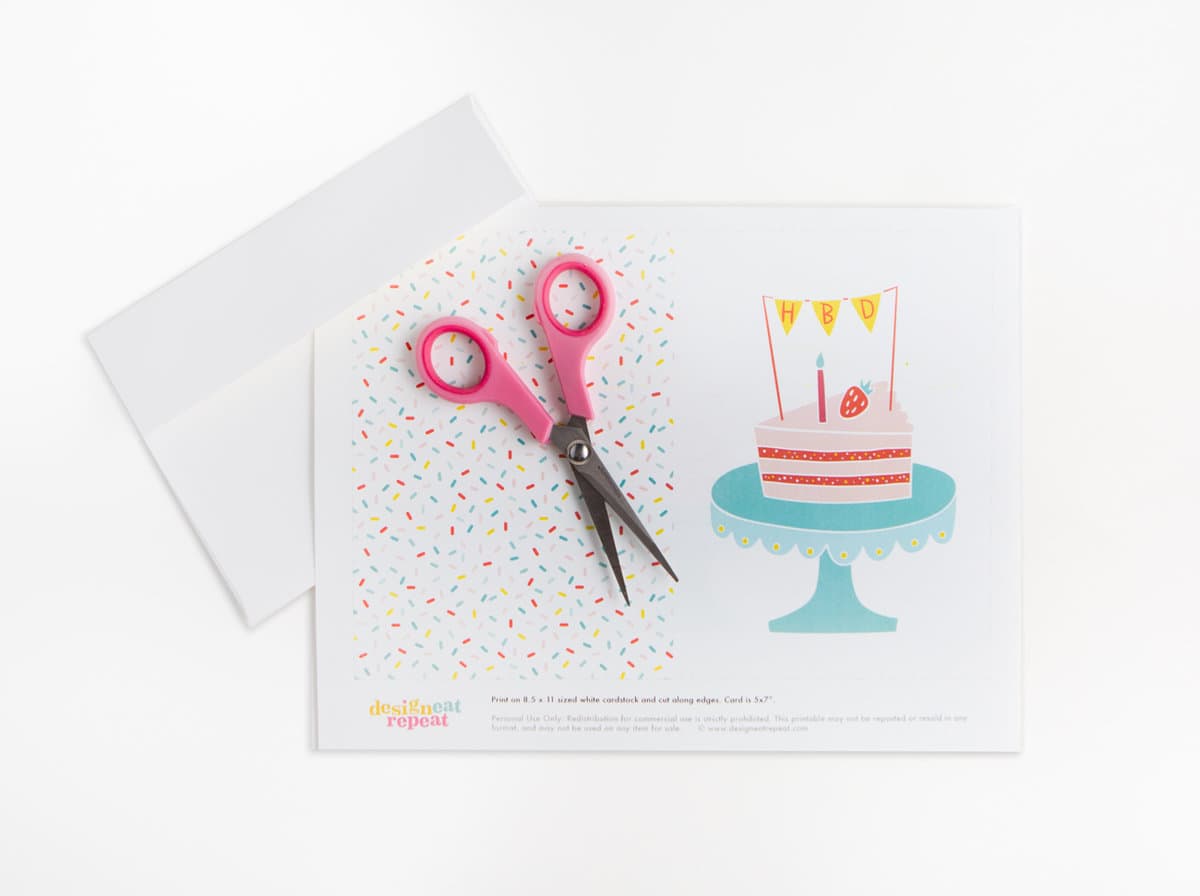 Sheet of Free Printable Cake Birthday Card - slice of cake on cake stand with HBD pennant banner