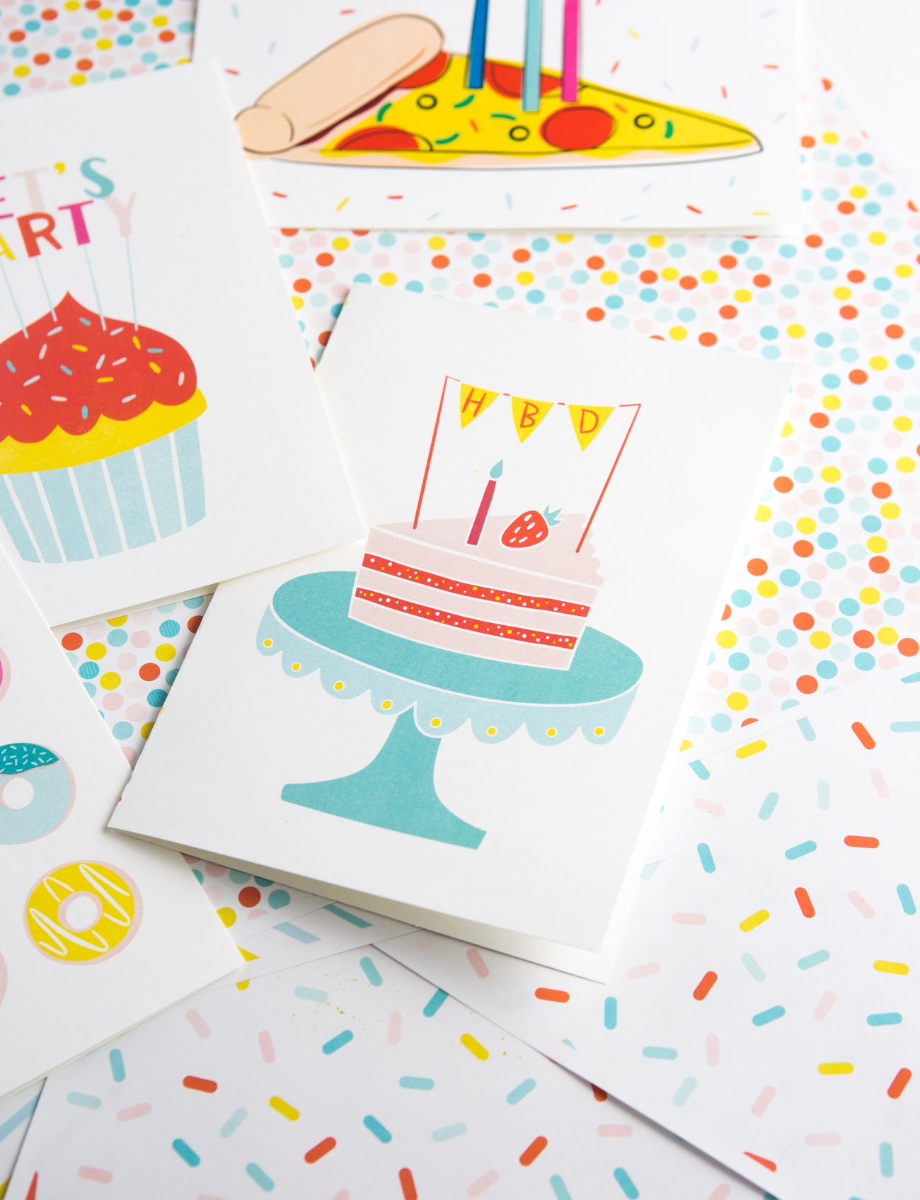 Free Printable Cake Birthday Card - slice of cake on cake stand with HBD pennant banner