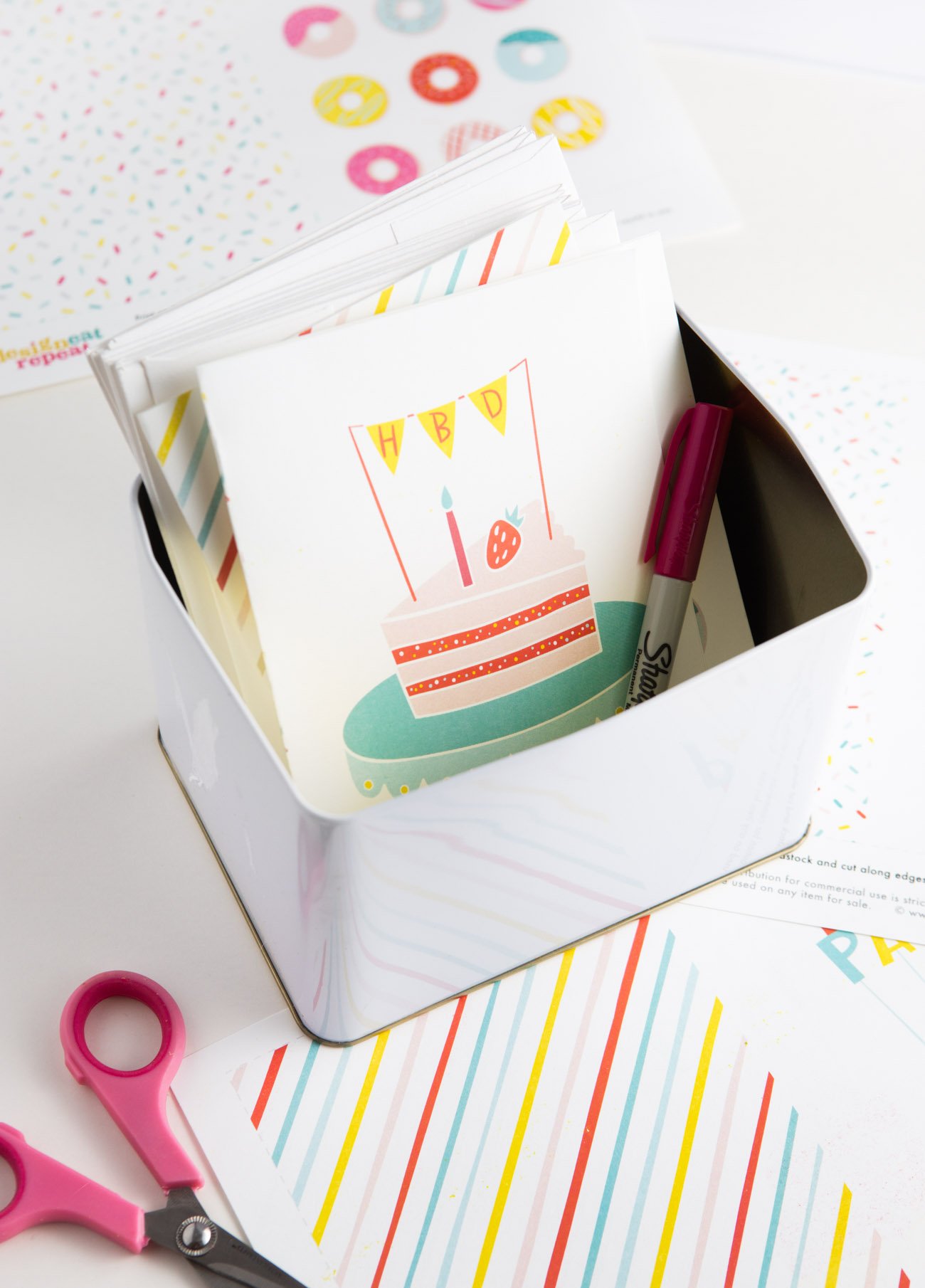 Box of greeting cards to keep on hand - Free Printable Cake Birthday Card - slice of cake on cake stand with HBD pennant banner