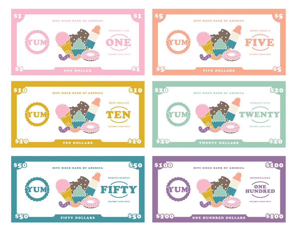 Dessert themed free printable play money for kids, $1, $5, $10, $20, $50, $100