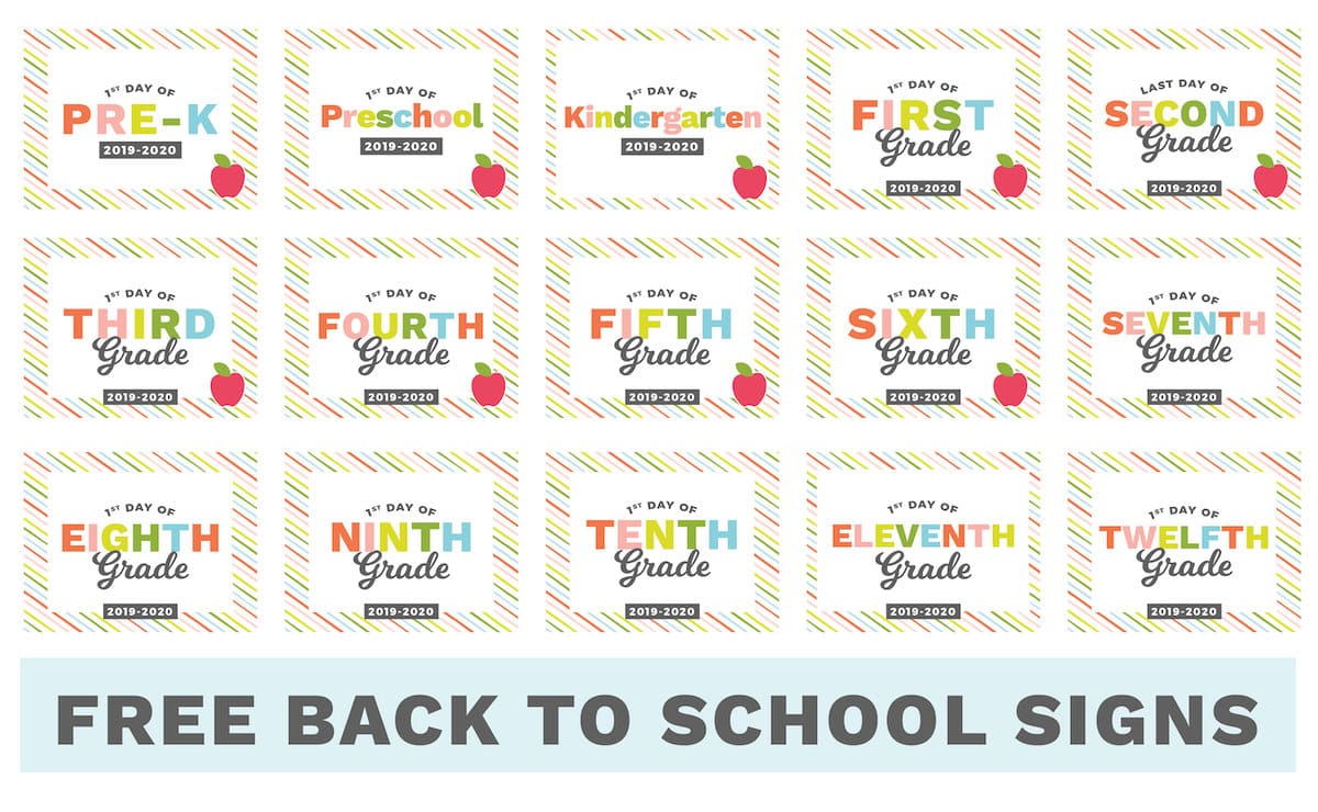 Free Printable Back to School Signs Colorful Pre-K to 12th Grade, 2019-2020