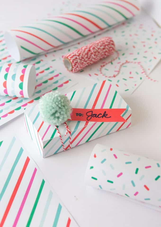 Printable striped gift box with "TO: JACK" gift tag