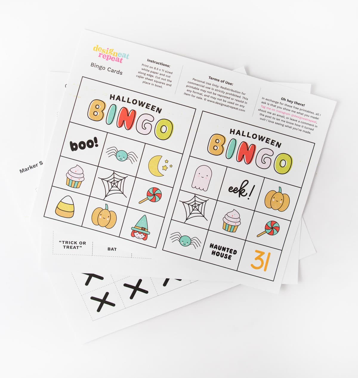 Printed pages of free printable Halloween bingo cards with icons and pictures: pumpkin, witch, lollipop, cauldron, spider, ghost