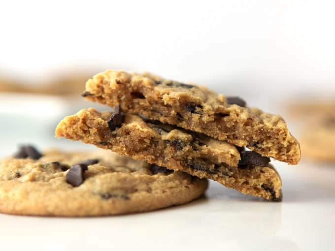 Inside texture of stack of peanut butter chocolate chip cookies