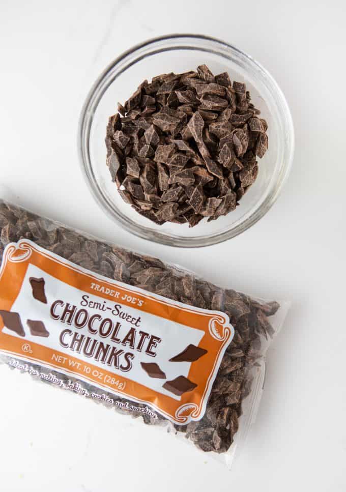 Bowl and package of Trader Joes Semi Sweet Chocolate Chunks