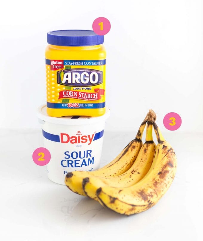 Cornstarch, sour cream, and ripe bananas to make moist banana bread