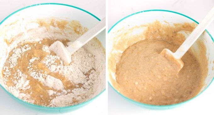 Mixing banana bread batter with spatula