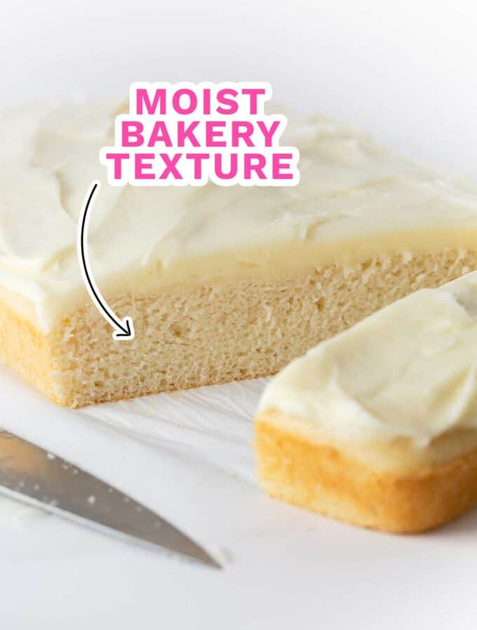 Photo showing dense and moist texture of cut white cake 