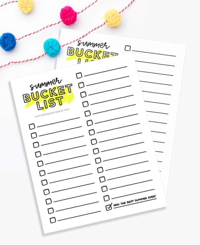 printed sheet of printable bucket list checklsit