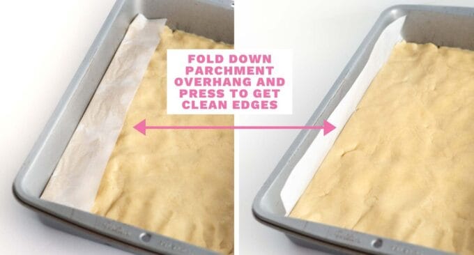 How to get smooth edges on sugar cookie bars; fold down parchment overhang and press to get clean edges