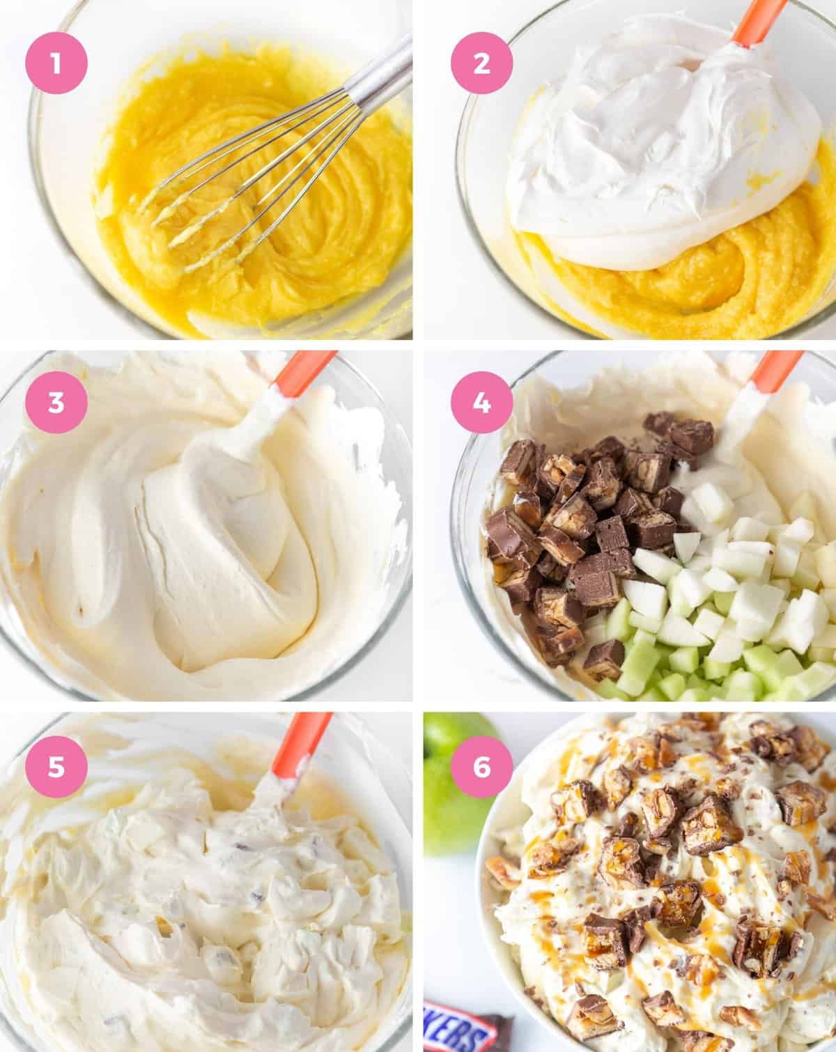 step by step collage showing how to mix together the apple snickers salad