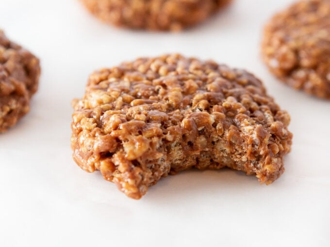 Homemade little debbie star crunch with bite to show chewy and chocolately texture