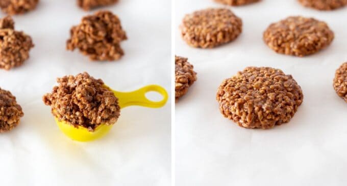 Scooping the Homemade little debbie star crunch mixture in a ½ cup measuring cup, then rolling and flattening into a thick disc