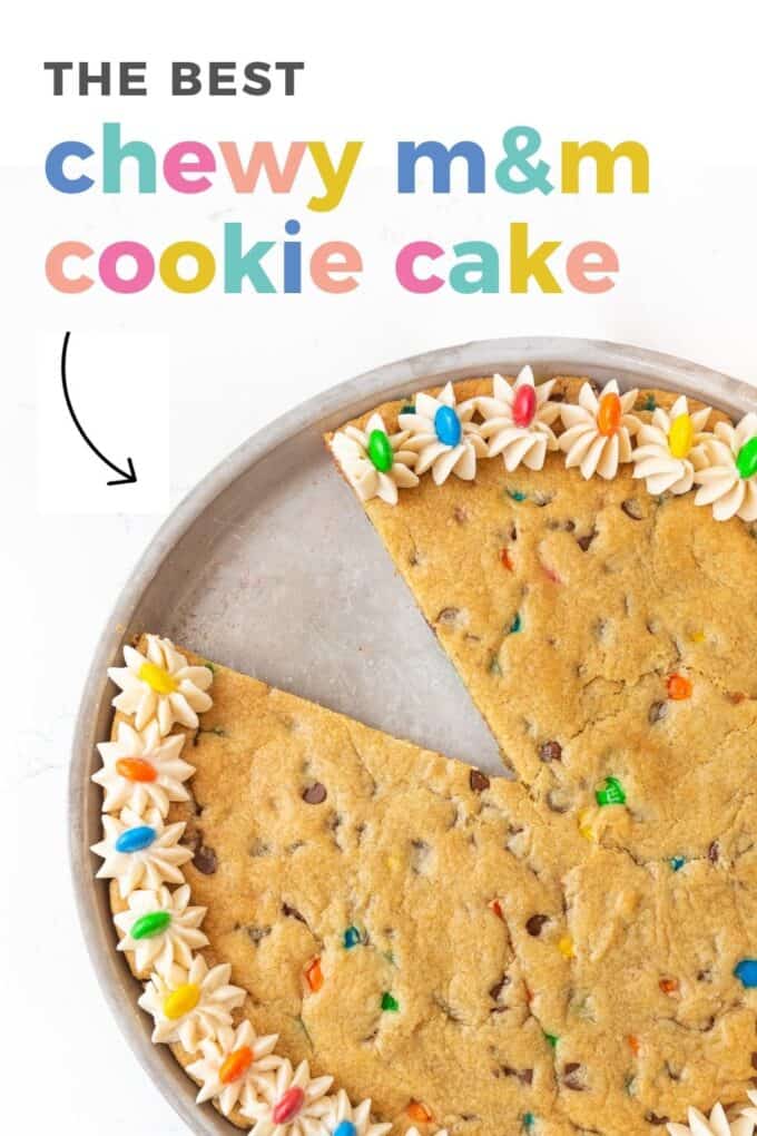 M&M cookie cake with vanilla buttercream frosting on top