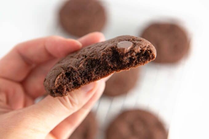 chocolate cake mix cookie with bite showing texture