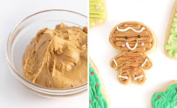 Bowl of brown frosting next to gingerbread man sugar cookie