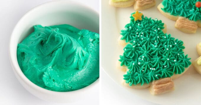 bowl of green buttercream frosting and decorated christmas tree cookie