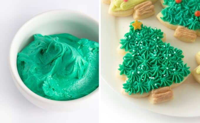 Bowl of emerald green frosting next to plate of green christmas tree sugar cookies