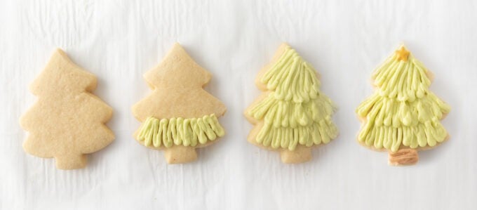 step by step photos on how to decorate layered decorated christmas tree cookies