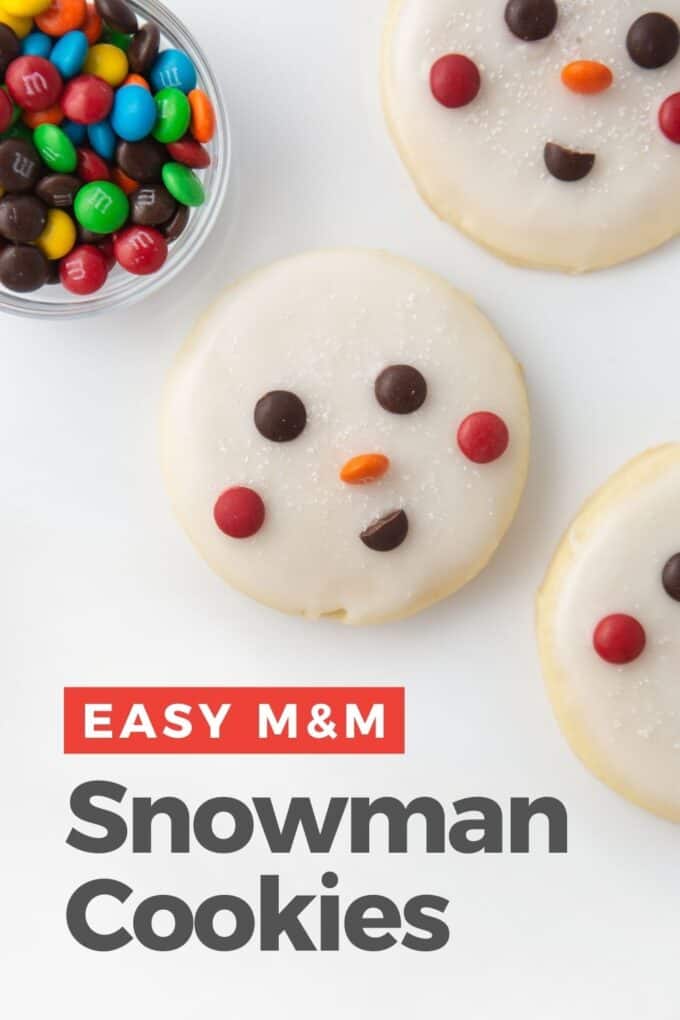 decorated snowman cookie with M&M face