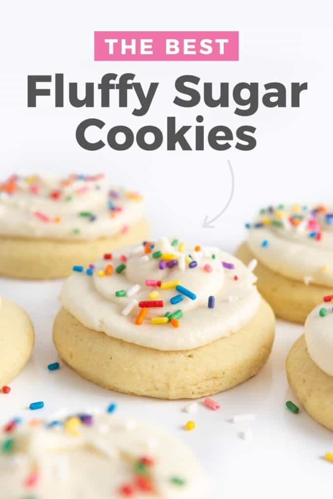 fluffy sugar cookies with frosting and rainbow sprinkles