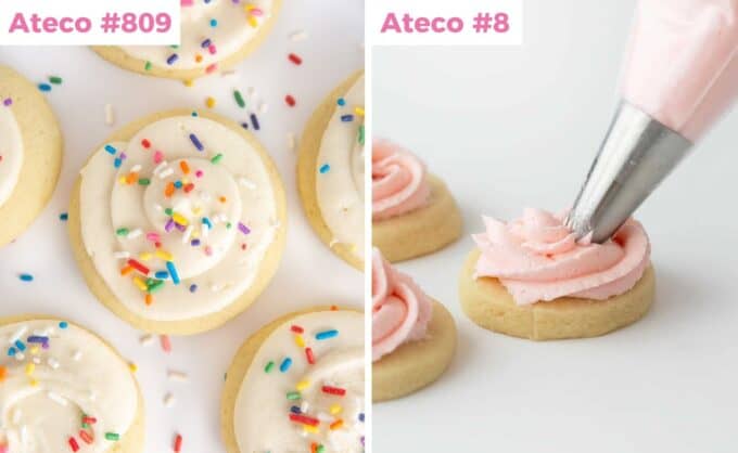 fluffy sugar cookies with frosting and rainbow sprinkles showing metal piping tips to use