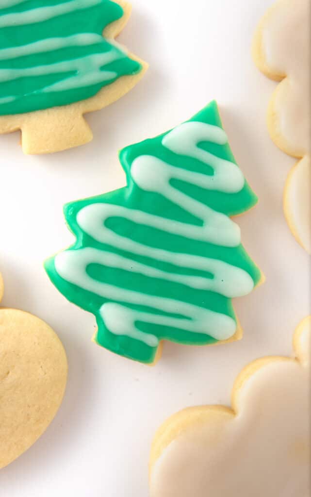 green christmas tree sugar cookie with white drizzle