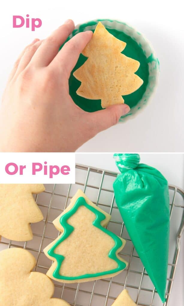 dipping or piping green icing on christmas tree cookies