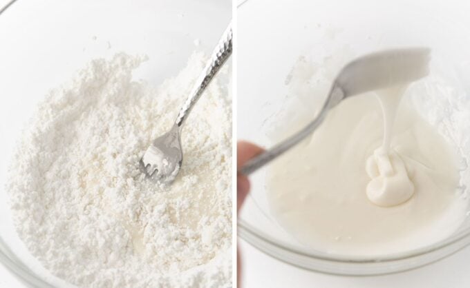 mixing powdered icing sugar and water with fork
