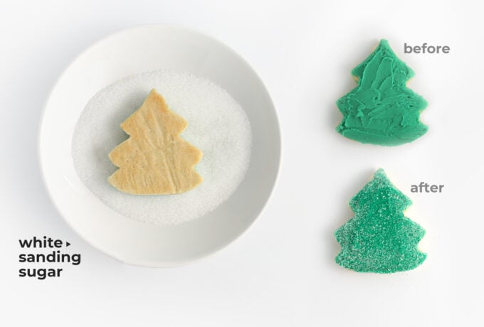 how to dip christmas tree cookie in white sanding sugar