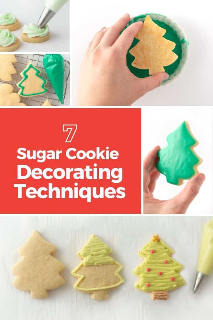Collage showing cookie decorating techniques
