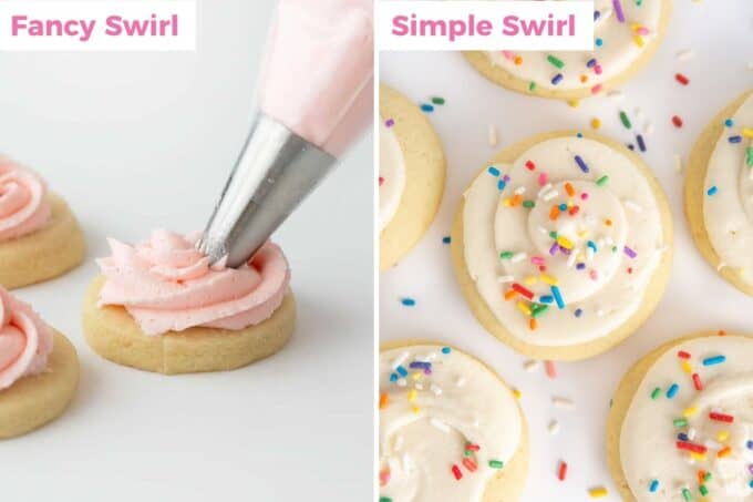 collage showing how to create both a fancy and simple swirl on sugar cookie
