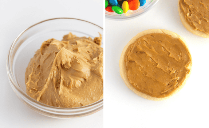 bowl of brown frosting and frosted sugar cookie