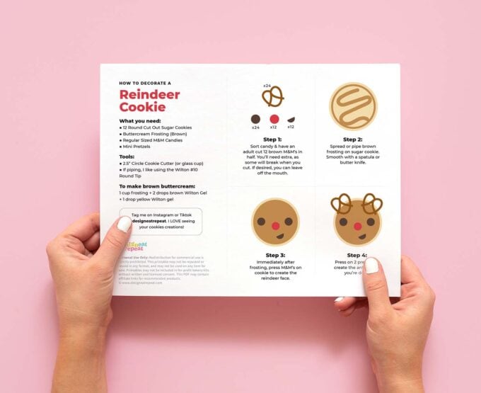 printable worksheet to make brown rudolph reindeer sugar cookies using M&M's and pretzels